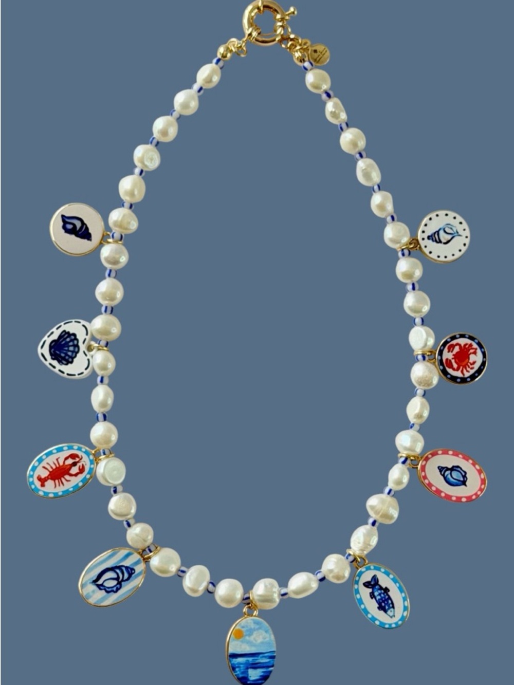 The Salt & Story Necklace: Freshwater Pearls Cloisonné Charms Totally Coastal